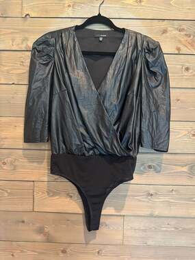 Lucy Paris Black Faux Leather Surplice Puff Sleeve Bodysuit Size XS